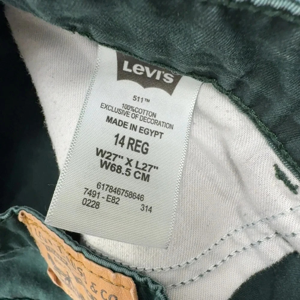 Levis 511 Slim Jeans Boys 14 Green Cotton Denim 5-Pocket Casual Style